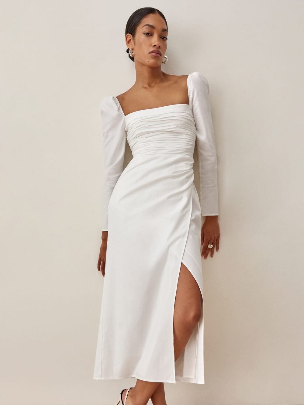 Reformation Isaac Bride Engagement Puff Long Sleeve Slit Midi Dress White 10 NWT